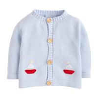 Little English traditional baby clothing, signature light blue crochet cardigan with red sailboat for baby boys