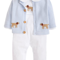 Little English traditional baby clothing, signature light blue crochet sweater with lab for baby boy, paired with white pima cotton playsuit with crochet lab