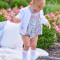 Little English classic children's clothing, baby girl's white crochet cardigan with rose motif, floral smocked bubble