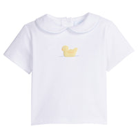 Little English traditional children's clothing. Toddler boy's white pima cotton peter pan shirt with yellow duck crochet for Spring. Gift clothing for toddler boy