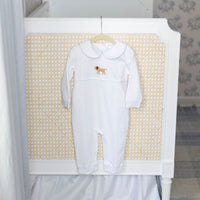 Little English traditional baby clothes, signature white cotton playsuit with peter pan collar, light blue picot trim, and crochet lab for baby boy