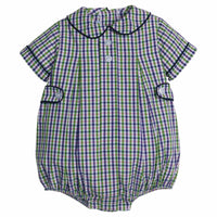 little english classic children's clothing; green, purple, and white plaid bubble for boys with peter pan collar, navy corduroy trim, and button tabs for fall