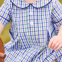 little english classic children's clothing; green, purple, and white plaid bubble for boys with peter pan collar, navy corduroy trim, and button tabs for fall