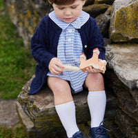 classic childrens clothing boys bubble in gray blue gingham with button tabs collar and white piping