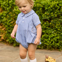 Little English classic children's clothing. Gray blue and white gingham bubble for baby boys for fall