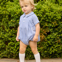 Little English classic children's clothing. Gray blue and white gingham bubble for baby boys for fall