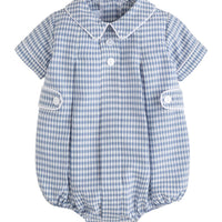 Little English classic children's clothing. Gray blue and white gingham bubble for baby boys for fall