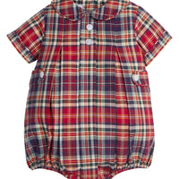 little english classic children's clothing, deep red and navy plaid bubble for boys with peter pan collar and button tabs for the holidays