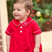 Little English classic children's clothing. Red corduroy bubble with white contrast piping for baby boys for the holidays
