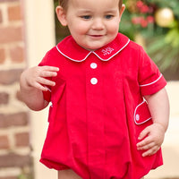 Little English classic children's clothing. Red corduroy bubble with white contrast piping for baby boys for the holidays