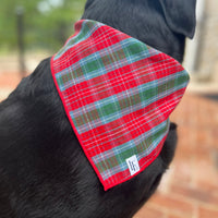 Little English traditional children's clothing. Red and green tartan plaid dog bandana for Fall. Holiday dog bandana.