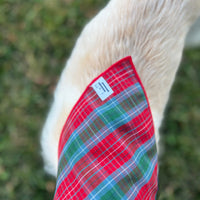 Little English traditional children's clothing. Red and green tartan plaid dog bandana for Fall. Holiday dog bandana.