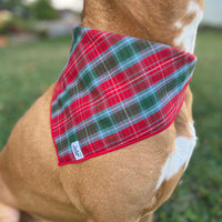 Little English traditional children's clothing. Red and green tartan plaid dog bandana for Fall. Holiday dog bandana.