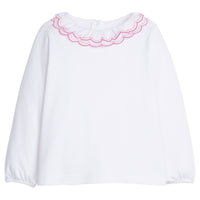 Little English traditional children's clothing. White knit long sleeve shirt with double ruffle collar trimmed in hot pink for girls for Fall