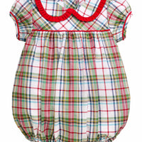 Little English traditional children's clothing. Puff sleeve and ruffled peter pan collar bubble in red, blue, green, yellow, and white Douglas Plaid with red piping for baby girls for Christmas