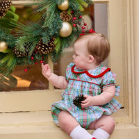 Little English traditional children's clothing. Puff sleeve and ruffled peter pan collar bubble in red, blue, green, yellow, and white Douglas Plaid with red piping for baby girls for Christmas
