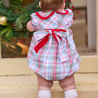 Little English traditional children's clothing. Puff sleeve and ruffled peter pan collar bubble in red, blue, green, yellow, and white Douglas Plaid with red piping for baby girls for Christmas