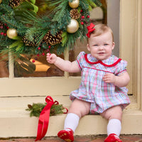 Little English traditional children's clothing. Puff sleeve and ruffled peter pan collar bubble in red, blue, green, yellow, and white Douglas Plaid with red piping for baby girls for Christmas