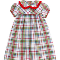 Little English classic children's clothing. Toddler girls puff sleeve dress in red and green plaid with ruffled peter pan collar and bow tie sash in back.