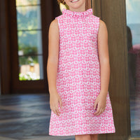 Little English traditional children's clothing, girl's classic shift dress in pink jacquard for Spring