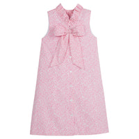 Little English classic knee length dress with pink floral pattern and bow in back, traditional girl's dress for spring