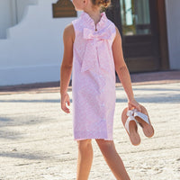 Little English classic knee length dress with pink floral pattern and bow in back
