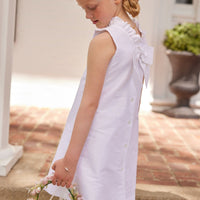 Little English classic childrens clothing tween girls white shift dress with ruffle neckline and bow in the back