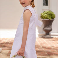 Little English classic childrens clothing tween girls white shift dress with ruffle neckline and bow in the back