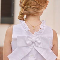 Little English classic childrens clothing tween girls white shift dress with ruffle neckline and bow in the back