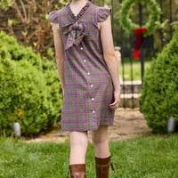 Little English traditional children's clothing. Olive and maroon Thornhill Plaid column dress with capped sleeves, ruffled neckline, and fixed bow in back for older girls for the holidays