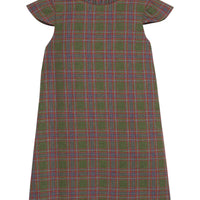 Little English traditional children's clothing. Olive and maroon Thornhill Plaid column dress with capped sleeves, ruffled neckline, and fixed bow in back for older girls for the holidays