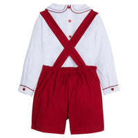 little english classic children's clothing boys red shortall with white long sleeve peter pan top with red piping for holiday