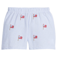 Little English traditional children's clothing. Boy's blue and white seersucker short with embroidered flags for summer. 4th of July shorts for boys