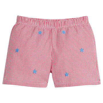 Little English, toddler boy's classic red seersucker gingham basic banded short for Summer with blue embroidered stars. 4th of July outfit