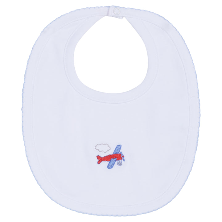 Little English baby's knit bib with red airplane motif