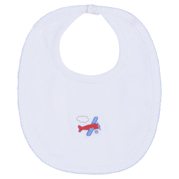 Little English baby's knit bib with red airplane motif