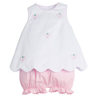 Little English traditional children's clothing. Pink and white set with pink ruffled bloomers and white sleeveless top with tennis embroidery for baby and toddler girls. Girl's tennis outfit for Spring