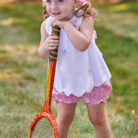 Little English traditional children's clothing. Pink and white set with pink ruffled bloomers and white sleeveless top with tennis embroidery for baby and toddler girls. Girl's tennis outfit for Spring