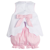 Little English traditional children's clothing. Pink and white set with pink ruffled bloomers and white sleeveless top with tennis embroidery for baby and toddler girls. Girl's tennis outfit for Spring