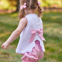 Little English traditional children's clothing. Pink and white set with pink ruffled bloomers and white sleeveless top with tennis embroidery for baby and toddler girls. Girl's tennis outfit for Spring