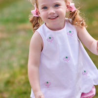 Little English traditional children's clothing. Pink and white set with pink ruffled bloomers and white sleeveless top with tennis embroidery for baby and toddler girls. Girl's tennis outfit for Spring