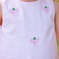 Little English traditional children's clothing. Pink and white set with pink ruffled bloomers and white sleeveless top with tennis embroidery for baby and toddler girls. Girl's tennis outfit for Spring