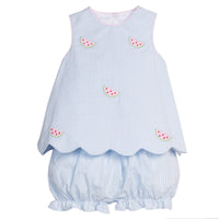 Little English traditional children's clothing. Blue gingham set for baby girls with scallop bow back top with all-over watermelon embroidery and coordinating ruffled bloomer
