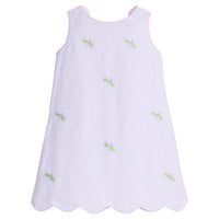 Little English traditional children's clothing. Girl's lavender seersucker dress with dragonfly embroidery for Spring