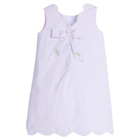 Little English traditional children's clothing. Girl's lavender seersucker dress with dragonfly embroidery for Spring