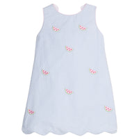 Little English traditional children's clothing. Blue gingham dress for girls with scallop hem and bow back with all-over watermelon embroidery