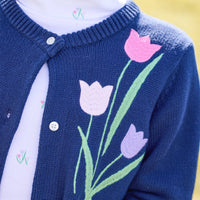 little english classic children's clothing, girls navy cardigan with pink and purple embroidered tulips, turtleneck with tulip print, girls outfit for fall