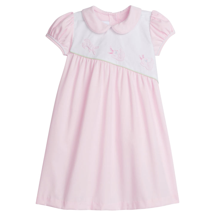 Little English traditional children's clothing, toddler girl's pink woven dress for Spring, with peter pan collar and tumbling embroidered bunnies, Easter outfit