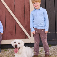 Little English traditional children's clothing. Classic long sleeve light blue polo and chocolate brown corduroy pants with seated lab embroidery for boys