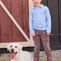 Little English traditional children's clothing. Classic long sleeve light blue polo and chocolate brown corduroy pants with seated lab embroidery for boys